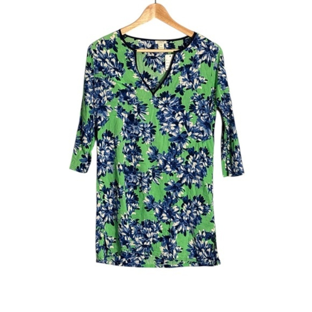 J.Crew Floral Split‎ Neck Tunic Top XS Green Blue Cotton